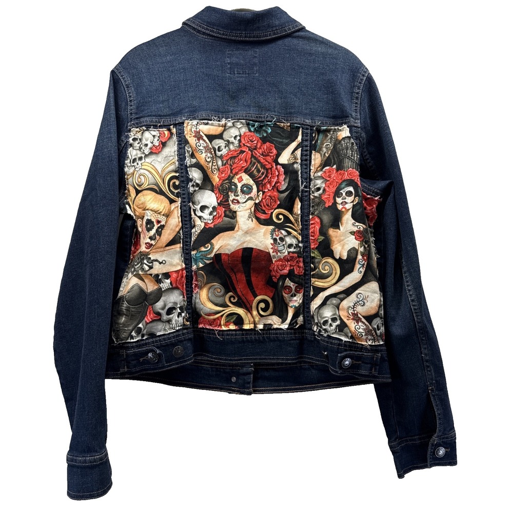 Old Navy Denim Jacket Size Large Sugar Skulls Day Of The Dead Long Sleeve Button